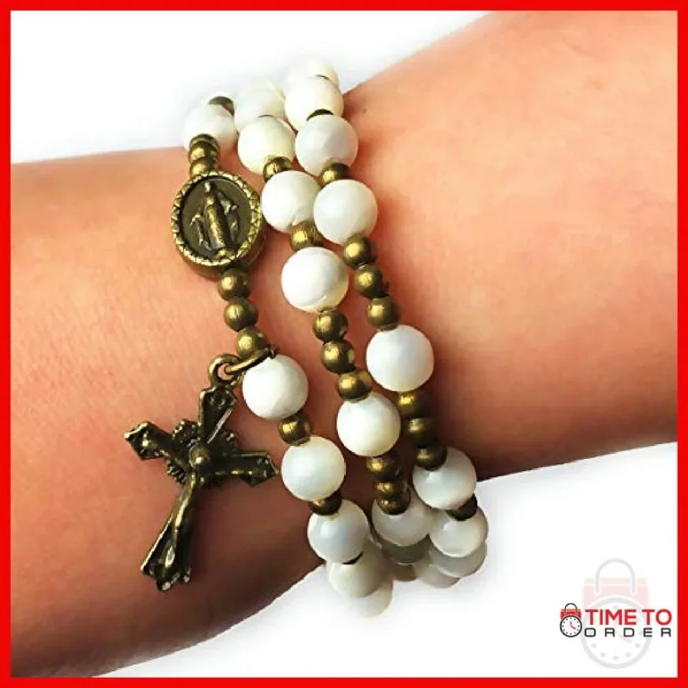 Mother of Pearl Rosary Bracelet with Virgin Mary Medal Charm